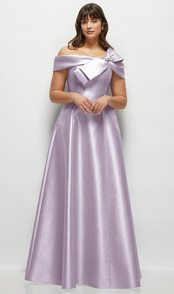 Front View - Lilac Haze Asymmetrical Bow Off-Shoulder Satin Gown with Ballroom Skirt