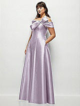 Side View Thumbnail - Lilac Haze Asymmetrical Bow Off-Shoulder Satin Gown with Ballroom Skirt