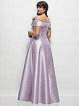 Rear View Thumbnail - Lilac Haze Asymmetrical Bow Off-Shoulder Satin Gown with Ballroom Skirt