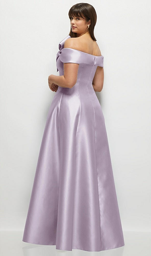 Back View - Lilac Haze Asymmetrical Bow Off-Shoulder Satin Gown with Ballroom Skirt
