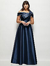 Front View Thumbnail - Midnight Navy Asymmetrical Bow Off-Shoulder Satin Gown with Ballroom Skirt