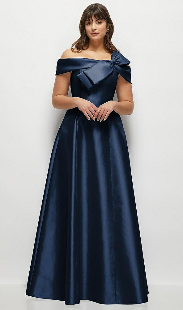 Front View - Midnight Navy Asymmetrical Bow Off-Shoulder Satin Gown with Ballroom Skirt