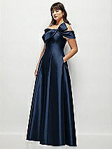 Side View Thumbnail - Midnight Navy Asymmetrical Bow Off-Shoulder Satin Gown with Ballroom Skirt