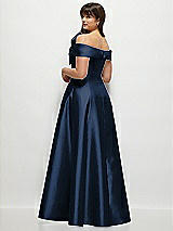 Rear View Thumbnail - Midnight Navy Asymmetrical Bow Off-Shoulder Satin Gown with Ballroom Skirt