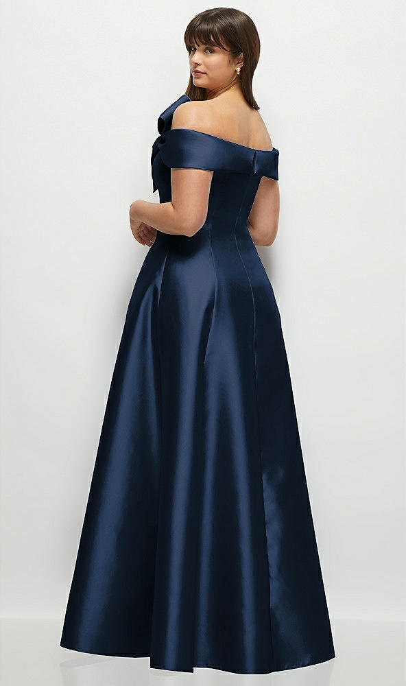 Back View - Midnight Navy Asymmetrical Bow Off-Shoulder Satin Gown with Ballroom Skirt