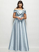 Front View Thumbnail - Mist Asymmetrical Bow Off-Shoulder Satin Gown with Ballroom Skirt