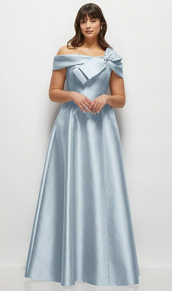 Front View - Mist Asymmetrical Bow Off-Shoulder Satin Gown with Ballroom Skirt
