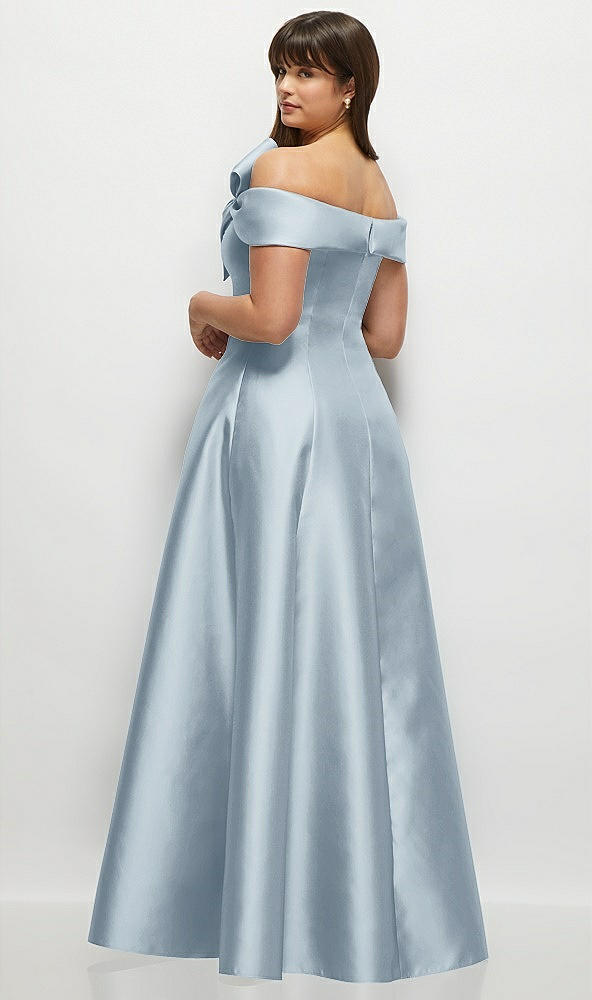 Back View - Mist Asymmetrical Bow Off-Shoulder Satin Gown with Ballroom Skirt