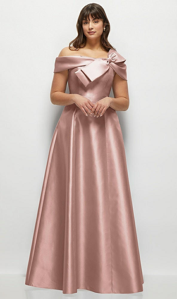 Front View - Neu Nude Asymmetrical Bow Off-Shoulder Satin Gown with Ballroom Skirt