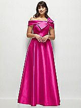 Front View Thumbnail - Think Pink Asymmetrical Bow Off-Shoulder Satin Gown with Ballroom Skirt