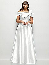 Front View Thumbnail - White Asymmetrical Bow Off-Shoulder Satin Gown with Ballroom Skirt