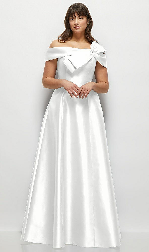 Front View - White Asymmetrical Bow Off-Shoulder Satin Gown with Ballroom Skirt