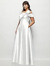 Side View Thumbnail - White Asymmetrical Bow Off-Shoulder Satin Gown with Ballroom Skirt
