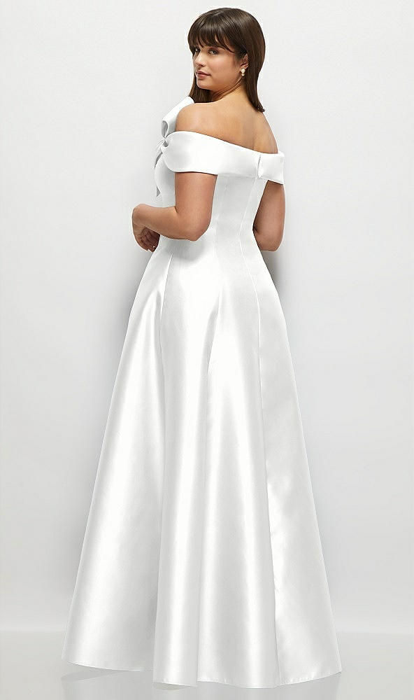 Back View - White Asymmetrical Bow Off-Shoulder Satin Gown with Ballroom Skirt