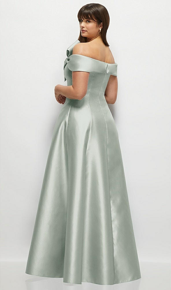 Back View - Willow Green Asymmetrical Bow Off-Shoulder Satin Gown with Ballroom Skirt