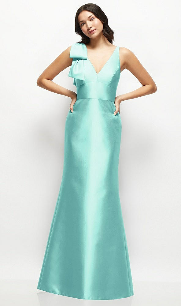 Front View - Coastal Deep V-back Satin Trumpet Dress with Cascading Bow at One Shoulder