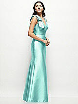 Side View Thumbnail - Coastal Deep V-back Satin Trumpet Dress with Cascading Bow at One Shoulder