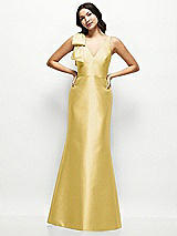 Front View Thumbnail - Maize Deep V-back Satin Trumpet Dress with Cascading Bow at One Shoulder