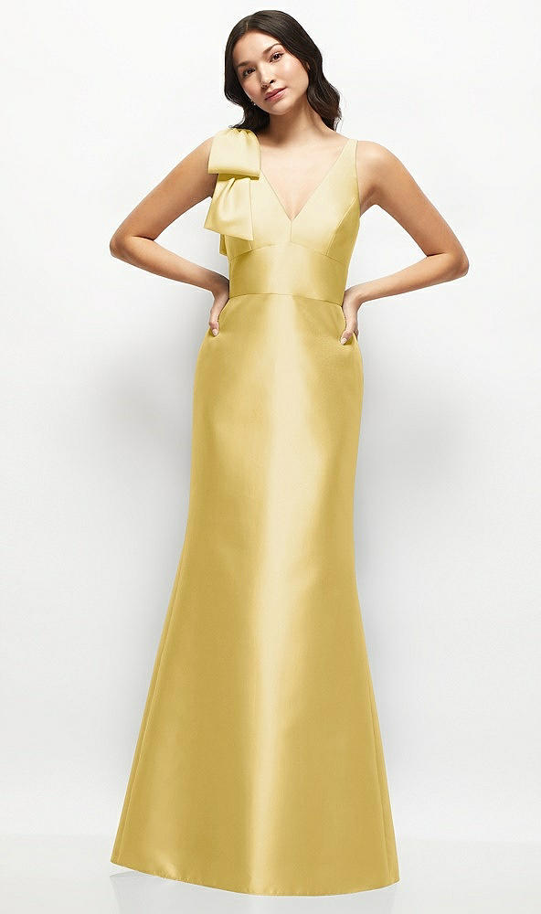 Front View - Maize Deep V-back Satin Trumpet Dress with Cascading Bow at One Shoulder