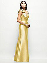 Side View Thumbnail - Maize Deep V-back Satin Trumpet Dress with Cascading Bow at One Shoulder