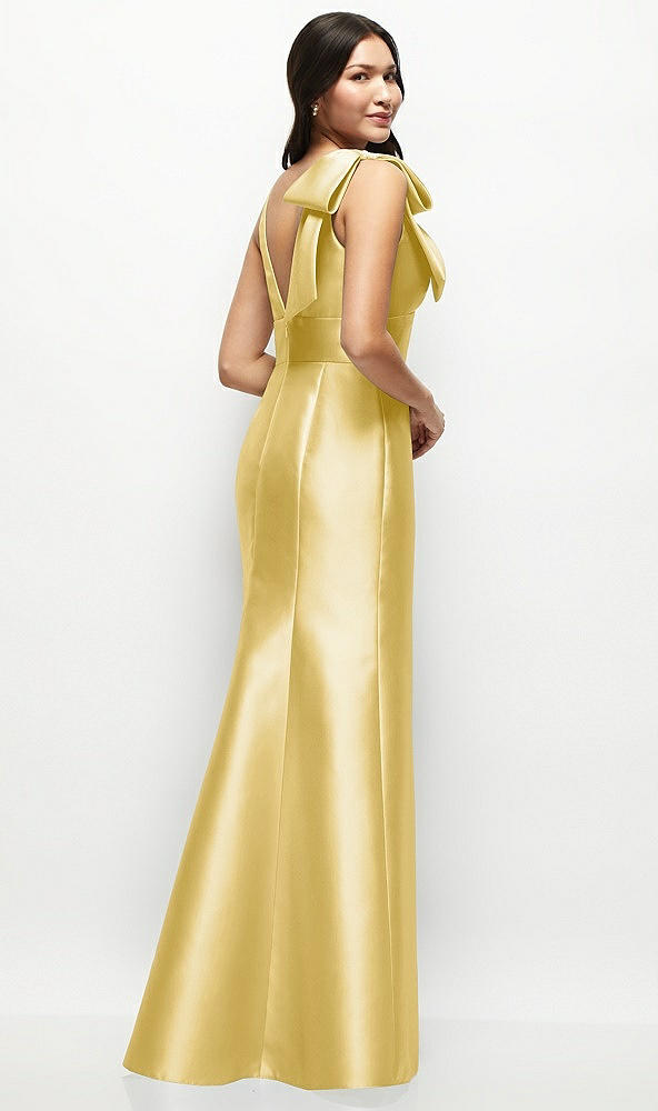 Back View - Maize Deep V-back Satin Trumpet Dress with Cascading Bow at One Shoulder