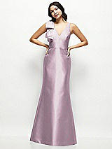 Front View Thumbnail - Suede Rose Deep V-back Satin Trumpet Dress with Cascading Bow at One Shoulder