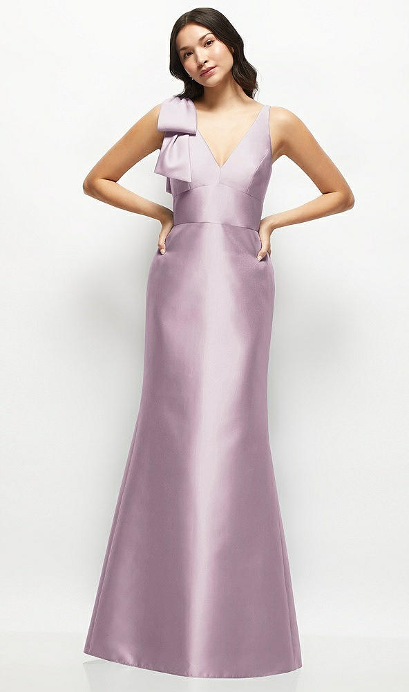 Front View - Suede Rose Deep V-back Satin Trumpet Dress with Cascading Bow at One Shoulder