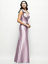 Side View Thumbnail - Suede Rose Deep V-back Satin Trumpet Dress with Cascading Bow at One Shoulder