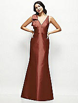 Front View Thumbnail - Auburn Moon Deep V-back Satin Trumpet Dress with Cascading Bow at One Shoulder