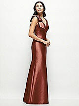 Side View Thumbnail - Auburn Moon Deep V-back Satin Trumpet Dress with Cascading Bow at One Shoulder