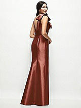 Rear View Thumbnail - Auburn Moon Deep V-back Satin Trumpet Dress with Cascading Bow at One Shoulder