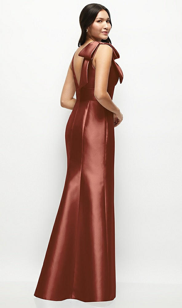 Back View - Auburn Moon Deep V-back Satin Trumpet Dress with Cascading Bow at One Shoulder