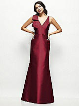 Front View Thumbnail - Burgundy Deep V-back Satin Trumpet Dress with Cascading Bow at One Shoulder