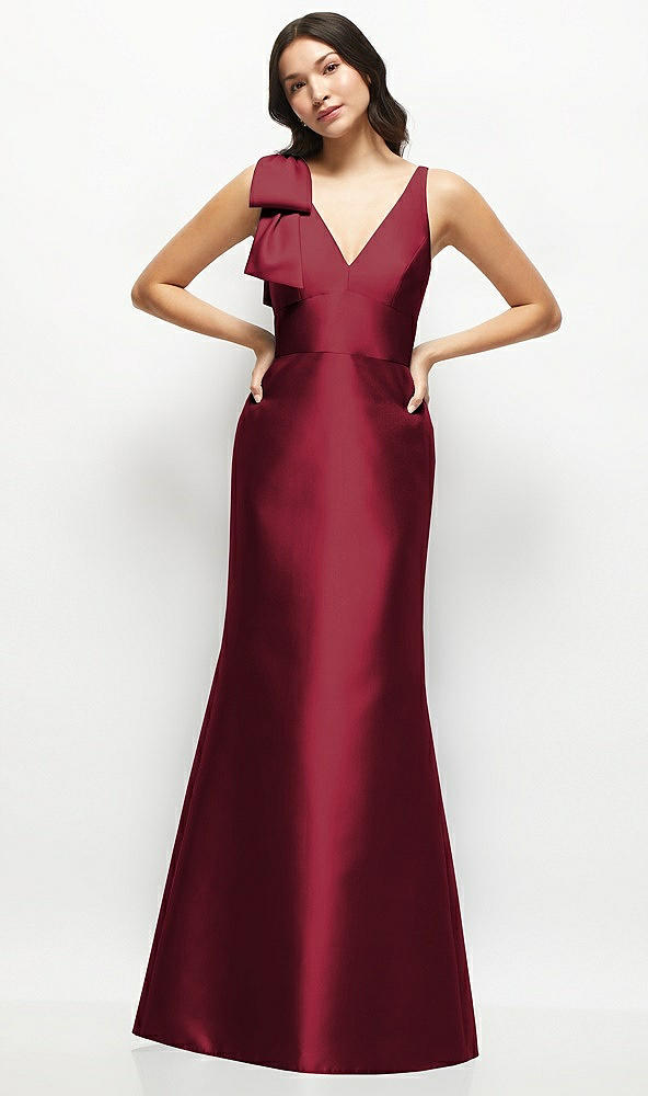 Front View - Burgundy Deep V-back Satin Trumpet Dress with Cascading Bow at One Shoulder