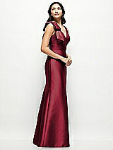 Side View Thumbnail - Burgundy Deep V-back Satin Trumpet Dress with Cascading Bow at One Shoulder