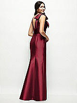 Rear View Thumbnail - Burgundy Deep V-back Satin Trumpet Dress with Cascading Bow at One Shoulder