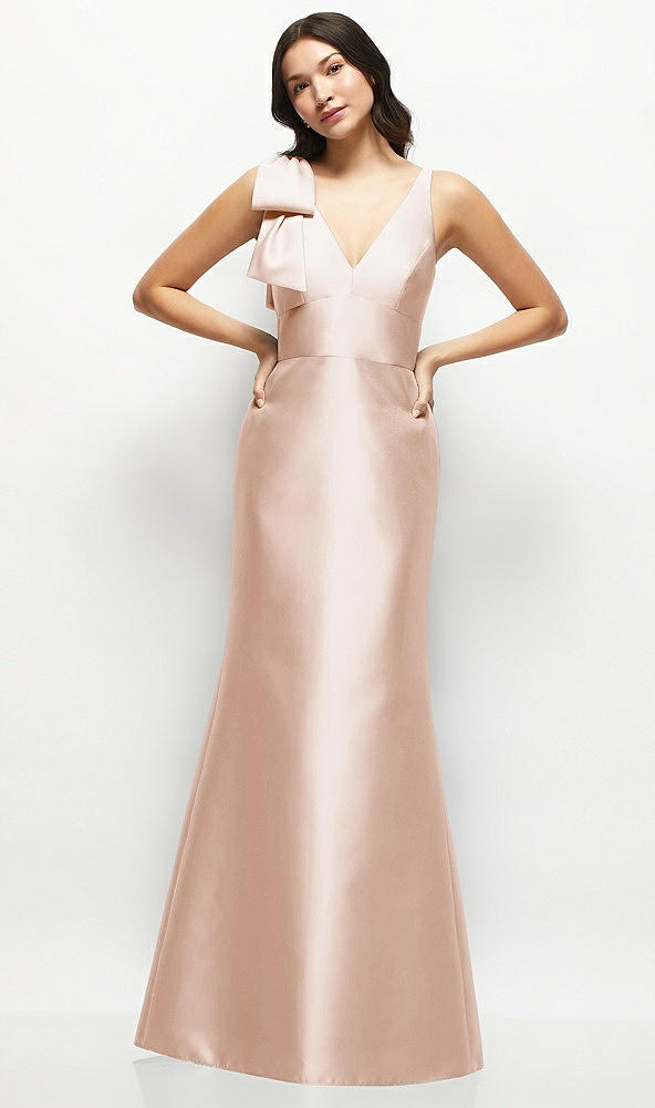 Front View - Cameo Deep V-back Satin Trumpet Dress with Cascading Bow at One Shoulder