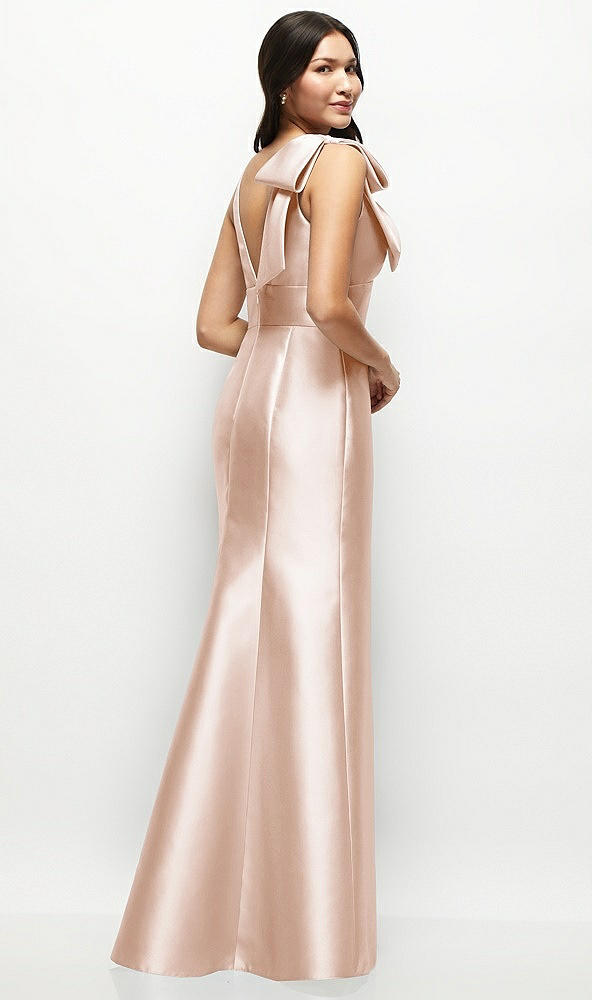 Back View - Cameo Deep V-back Satin Trumpet Dress with Cascading Bow at One Shoulder