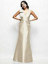 Front View Thumbnail - Champagne Deep V-back Satin Trumpet Dress with Cascading Bow at One Shoulder