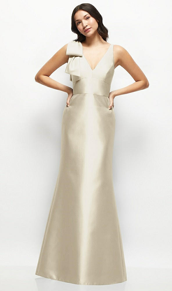 Front View - Champagne Deep V-back Satin Trumpet Dress with Cascading Bow at One Shoulder