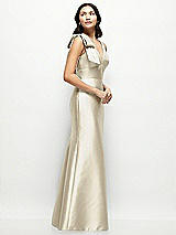 Side View Thumbnail - Champagne Deep V-back Satin Trumpet Dress with Cascading Bow at One Shoulder