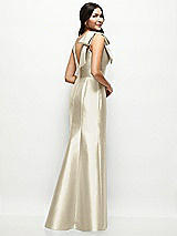 Rear View Thumbnail - Champagne Deep V-back Satin Trumpet Dress with Cascading Bow at One Shoulder