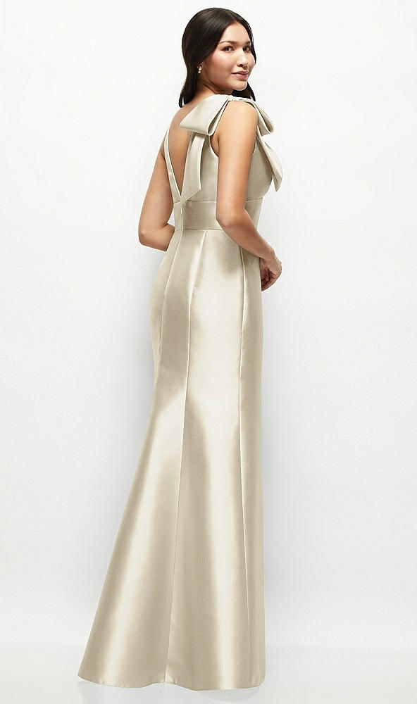 Back View - Champagne Deep V-back Satin Trumpet Dress with Cascading Bow at One Shoulder