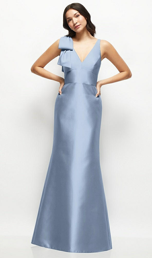 Front View - Cloudy Deep V-back Satin Trumpet Dress with Cascading Bow at One Shoulder