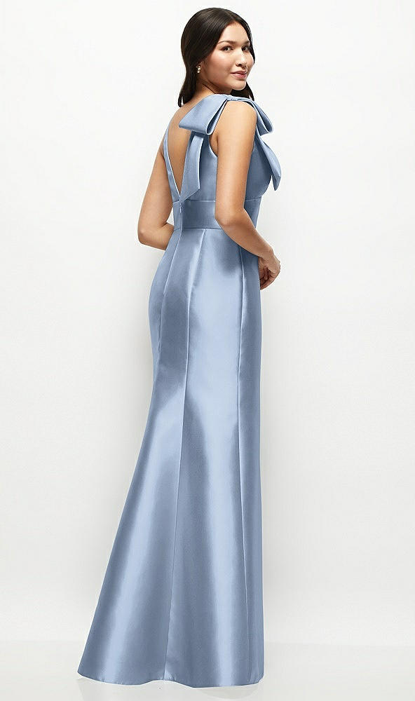 Back View - Cloudy Deep V-back Satin Trumpet Dress with Cascading Bow at One Shoulder