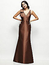 Front View Thumbnail - Cognac Deep V-back Satin Trumpet Dress with Cascading Bow at One Shoulder