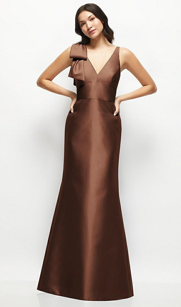Front View - Cognac Deep V-back Satin Trumpet Dress with Cascading Bow at One Shoulder