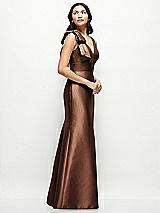 Side View Thumbnail - Cognac Deep V-back Satin Trumpet Dress with Cascading Bow at One Shoulder
