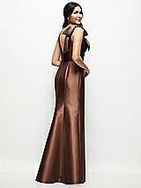 Rear View Thumbnail - Cognac Deep V-back Satin Trumpet Dress with Cascading Bow at One Shoulder