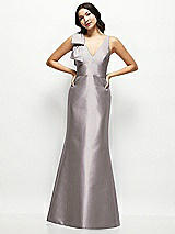 Front View Thumbnail - Cashmere Gray Deep V-back Satin Trumpet Dress with Cascading Bow at One Shoulder